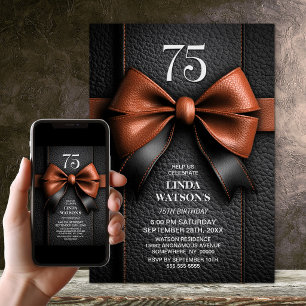 Tan Leather Bow 75th Birthday Party Invitation