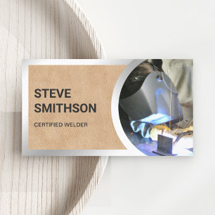 Tan Leather Steel Welding Fabricator Welder Business Card