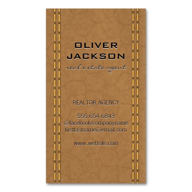 Tan Leather Stitched Seems Magnetic Business Card (Front Vertical)