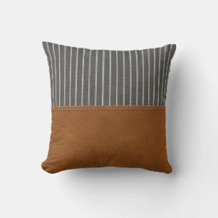 Tan Leather Striped Gray Linen Minimal Farmhouse Cushion