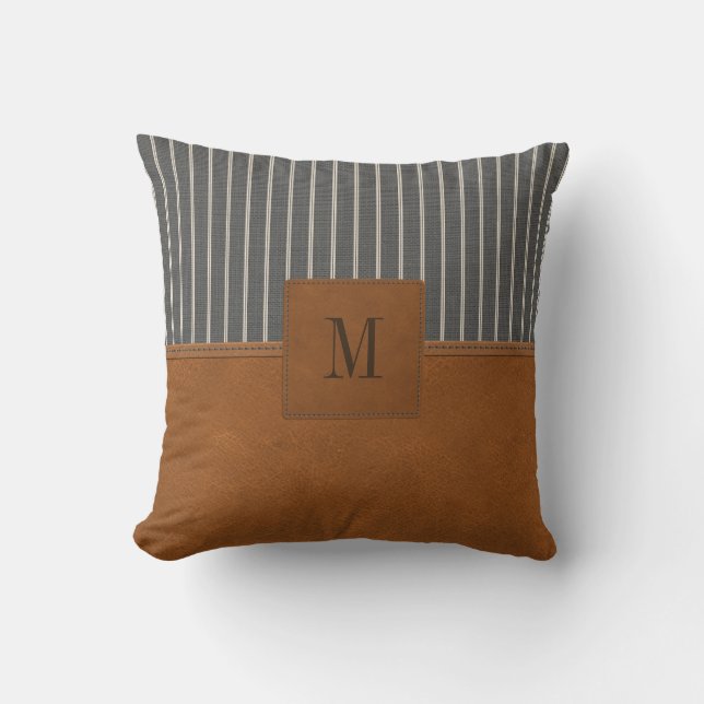 Tan Leather Striped Grey Linen Monogram Farmhouse Cushion (Front)
