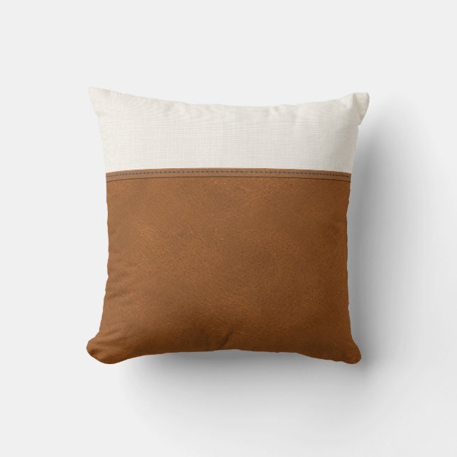 Tan Leather White Linen Look Minimal Farmhouse Cushion (Front)