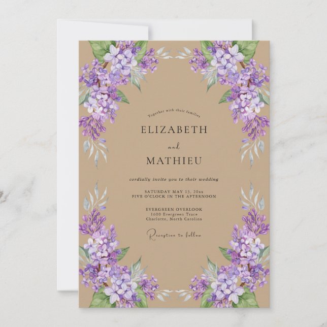 Tan Lilac Wisteria Wedding Invitation (Front)