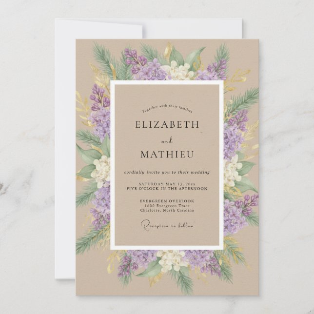 Tan Lilac Wreath Wedding Invitation (Front)