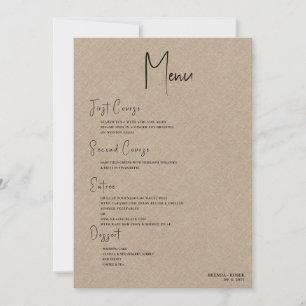 Tan linen Simple Black Script Wedding Menu Invitation
