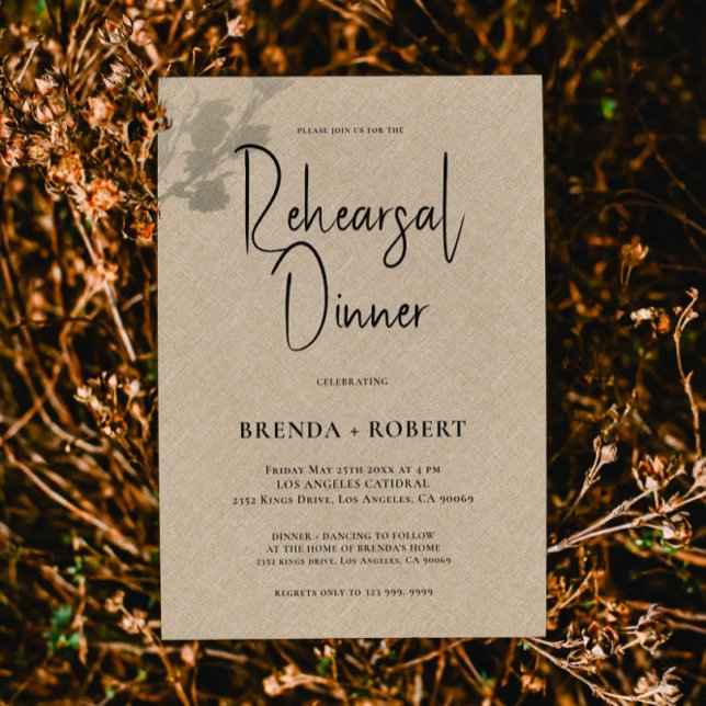 Tan linen Simple White Script Rehearsal Dinner Invitation (Creator Uploaded)