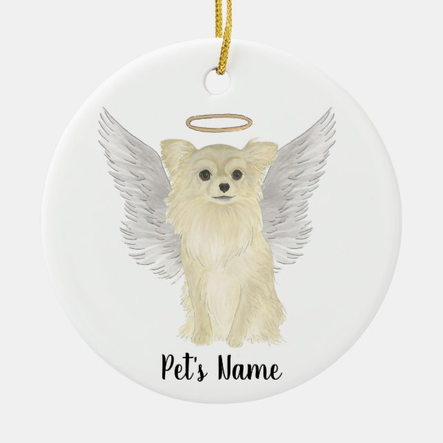 Tan Long Haired Chihuahua Sympathy Memorial Ceramic Tree Decoration (Front)