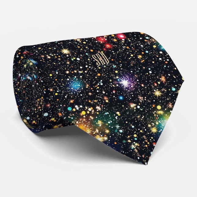 Tan Monogram Colourful Cosmic Star Cluster Tie (Rolled)
