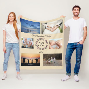 Tan Monogrammed Personalised 6 photo Fleece Blanket