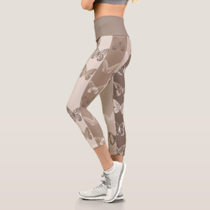 Tan Neutral Earth Butterfly Stripes Design  Capri Leggings