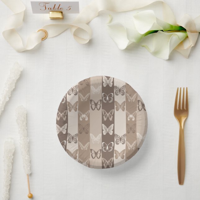 Tan Neutral Earth Butterfly Stripes Design  Paper Plate (Wedding)