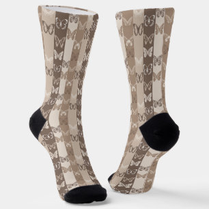 Tan Neutral Earth Butterfly Stripes Design Socks