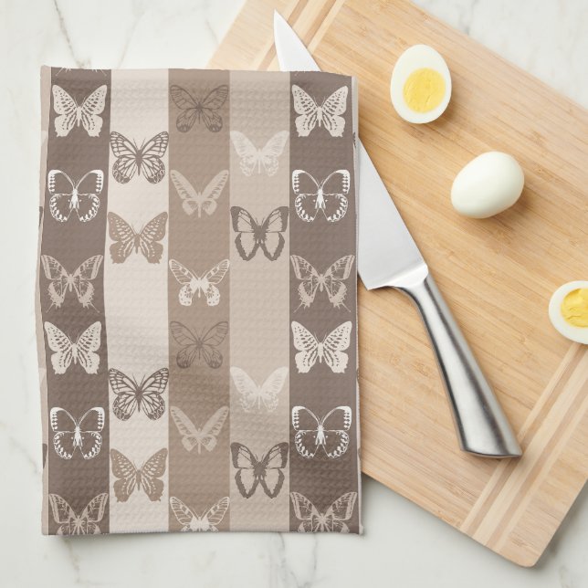 Tan Neutral Earth Butterfly Stripes Design  Tea Towel (Quarter Fold)