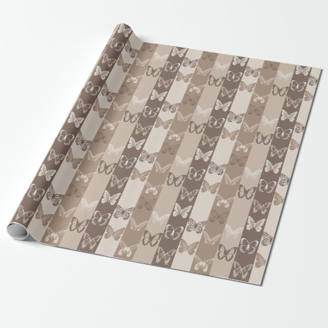 Tan Neutral Earth Butterfly Stripes Design  Wrapping Paper (Unrolled)