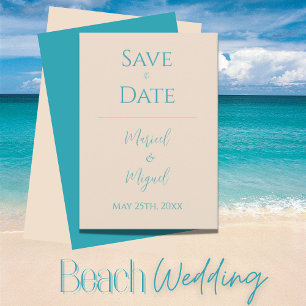 Tan Ocean Blue Wedding Save The Date Card