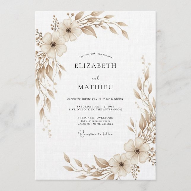 Tan Painterly Botanical Wedding Invitation (Front)