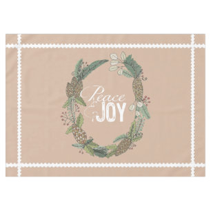 Tan Peace Joy Evergreen Cones Wreath Tablecloth