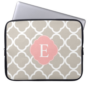 Tan Peach Pink Quatrefoil Monogram Laptop Sleeve
