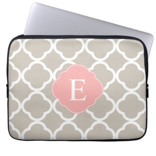 Tan Peach Pink Quatrefoil Monogram Laptop Sleeve