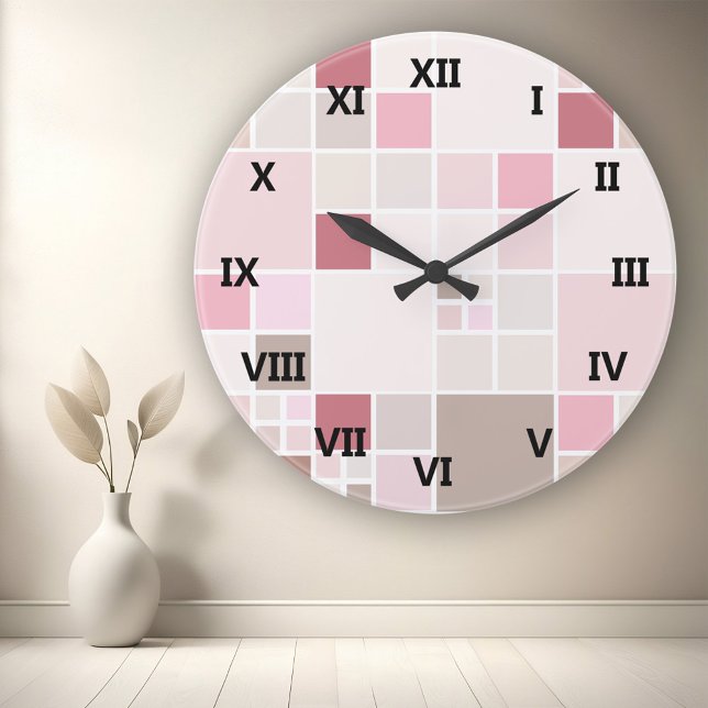 Tan Pink Chequered Wall Clock (Modern wall clock featuring a checkered pattern in pastel peach, blush pink and sandy brown)