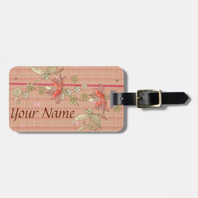 Tan & Pink Floral Luggage Tag (Front Horizontal)