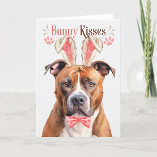 Tan Pit Bull Dog in Bunny Ears for Easter Holiday Card