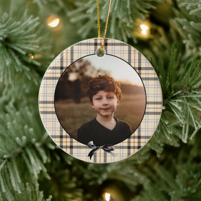 Tan Plaid Pattern Holiday Photo Ceramic Tree Decoration (Tree)