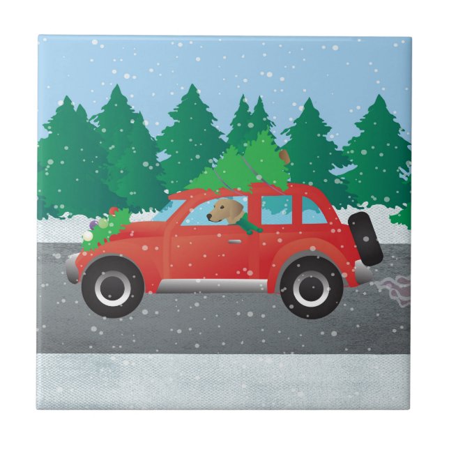 Tan Plott Hound Driving Christmas Car Tile (Front)