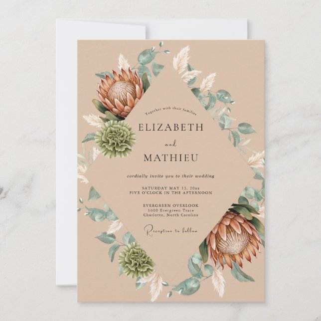 Tan Protea Leaf Wedding Invitation (Front)