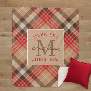 Tan Red Tartan Merriest Christmas Monogram Sherpa Blanket