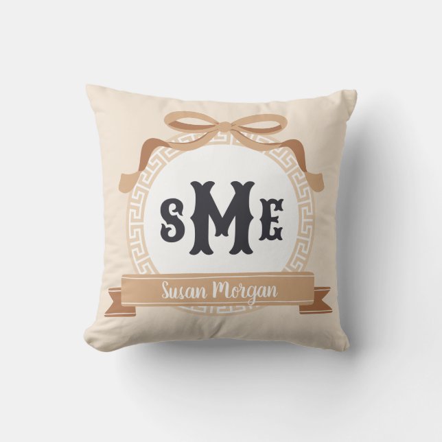 Tan Reverse Greek Key Bow Monogram Cushion (Front)