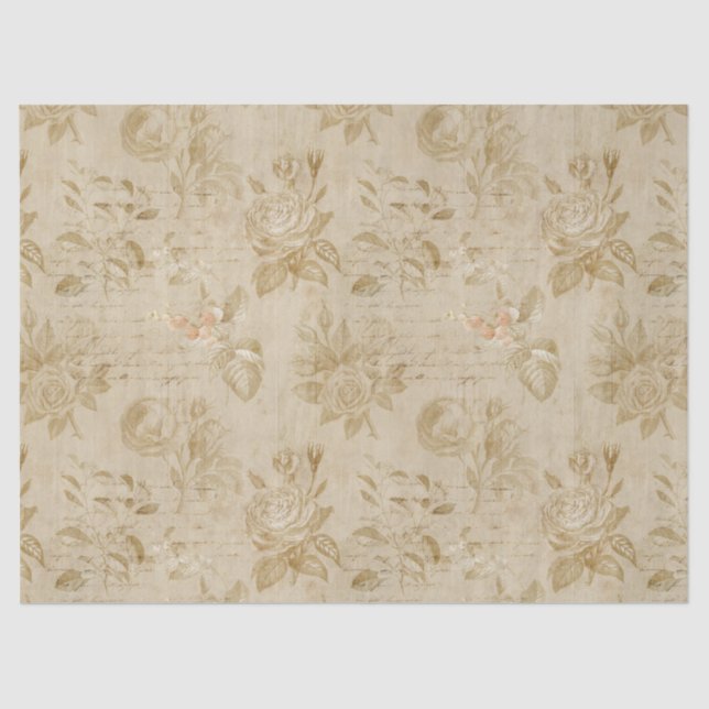 Tan Roses and Writing Decoupage Tissue Paper (Front)