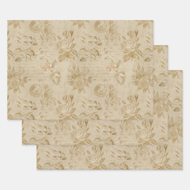Tan Roses and Writing Wrapping Paper Sheet (Set)
