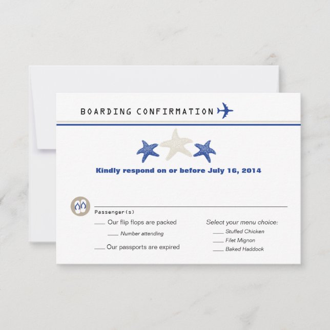 Tan Royal Blue Starfish Boarding Pass RSVP Card (Front)