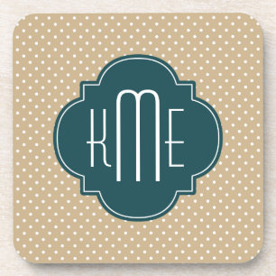 Tan Sand Polka Dots Teal Quatrefoil Monogram Coaster