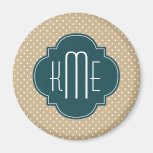 Tan Sand Polka Dots Teal Quatrefoil Monogram Magnet