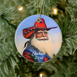 Tan Santa Claus in a Cowboy Hat Christmas Ceramic Tree Decoration