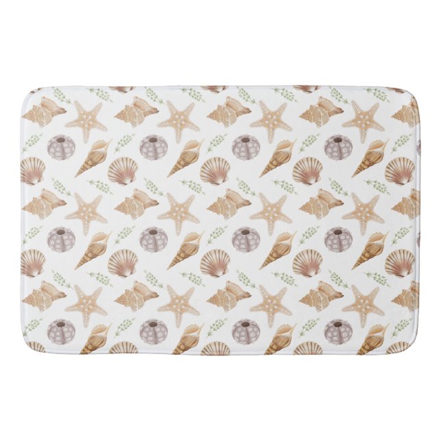 TAN SEASHELLS AND GREEN SEA PLANTS BATH MAT (Front)