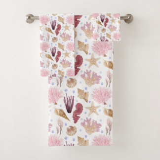 TAN SEASHELLS & PINK SEA PLANTS  BATH TOWEL SET