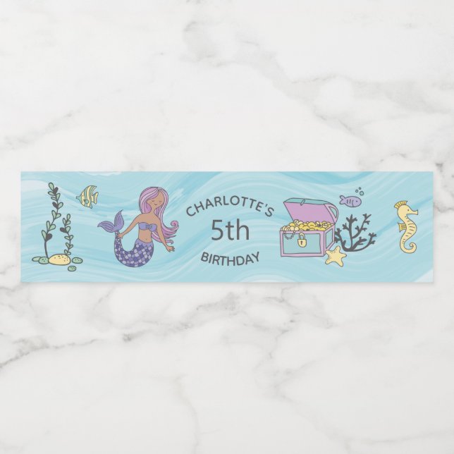 Tan Skin Purple Mermaid Birthday Water Bottle Label (Single Label)