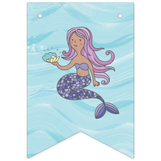 Tan Skin Purple Mermaid Under the Sea Birthday Bunting