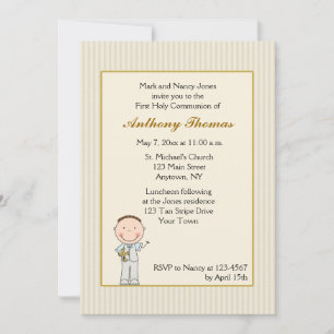 Tan Stripe, Little Boy Communion Invitation