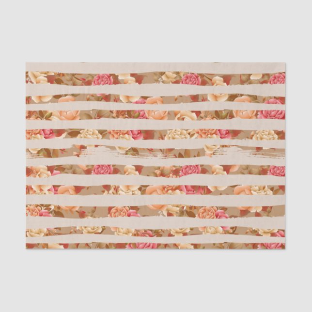 TAN STRIPES WITH PINK PEACH & CREAM FLOWERS TISSUE PAPER (Front)
