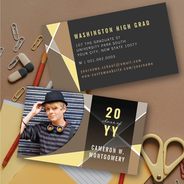 Tan Stylish Geometric Lines Mod Photo Graduate Calling Card (Tan Stylish Geometric Criss Cross Photo Graduation Calling / Name Card @ zazzle.com/color_therapy)