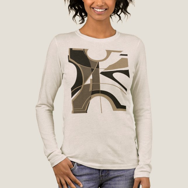 Tan Taupe Black Bold Large Shapes Geometric Motif Tri-Blend Shirt (Front)