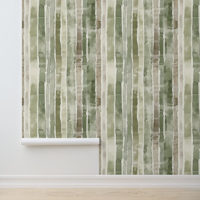 Tan Taupe Sage Green Stripes Watercolor Wallpaper (Application)