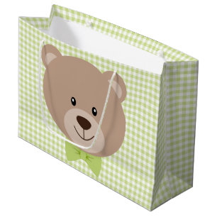 TAN TEDDY BEAR WITH GREEN BOW TIE & GINGHAM PLAID LARGE GIFT BAG
