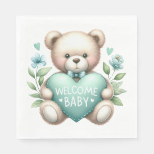 TAN TEDDY BEAR WITH PASTEL GREEN HEART NAPKIN