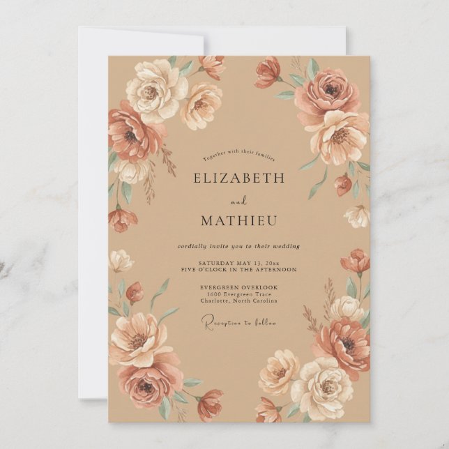 Tan Terracotta Peony Wedding Invitation (Front)