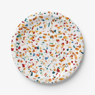 Tan Terrazzo Eclectic Quirky Confetti Painting Paper Plate